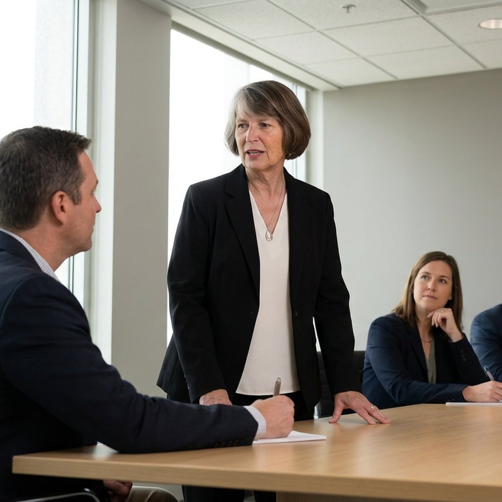 Dee Jones standing at the conference table, talking through the options with a leadership team