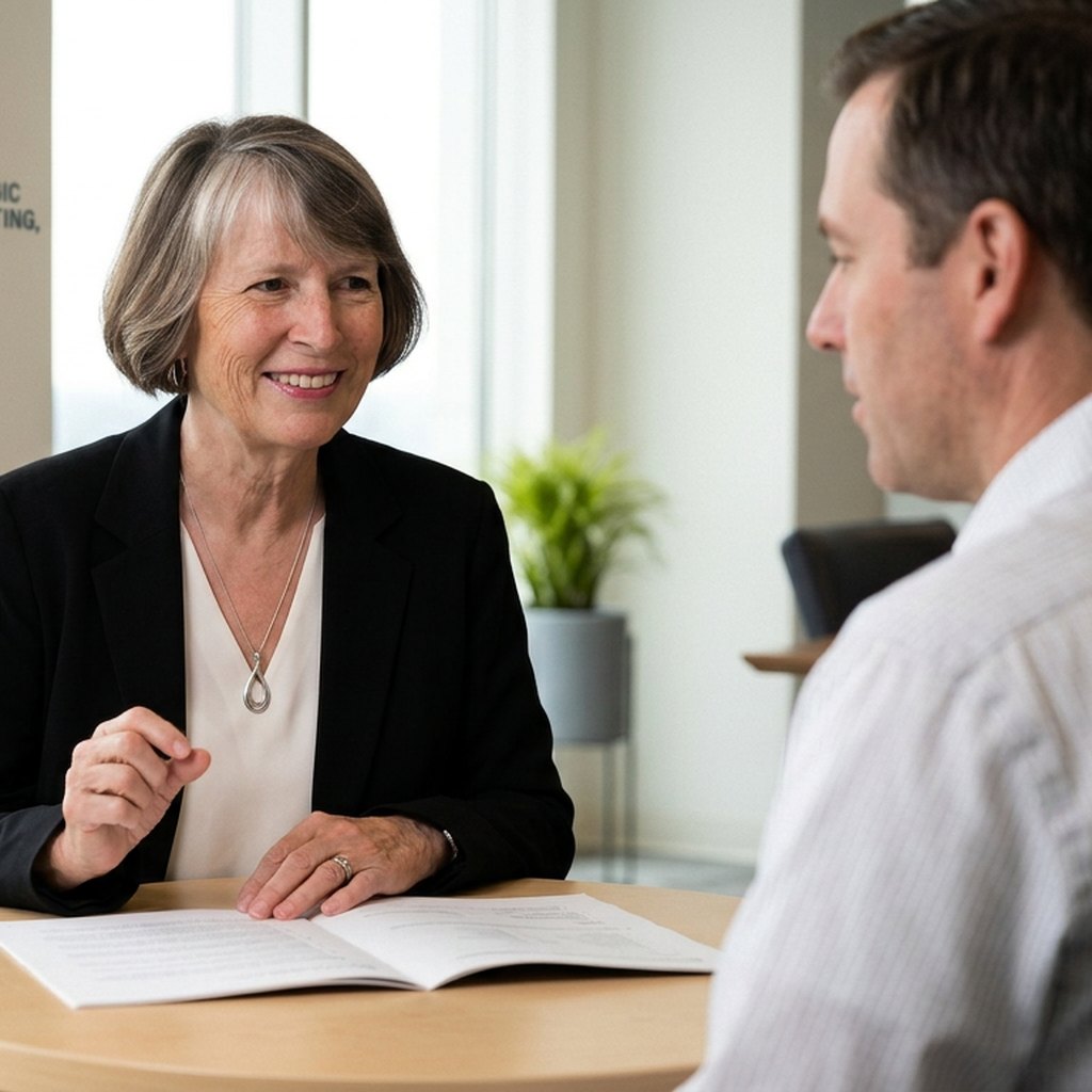 Dee Jones advising a client one-on-one at a table in her office