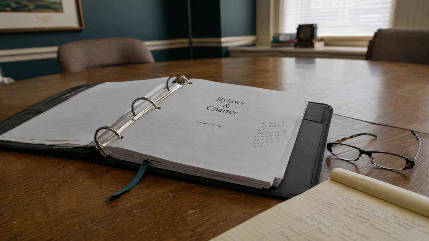 An annotated bylaws and charter binder open on a boardroom table
