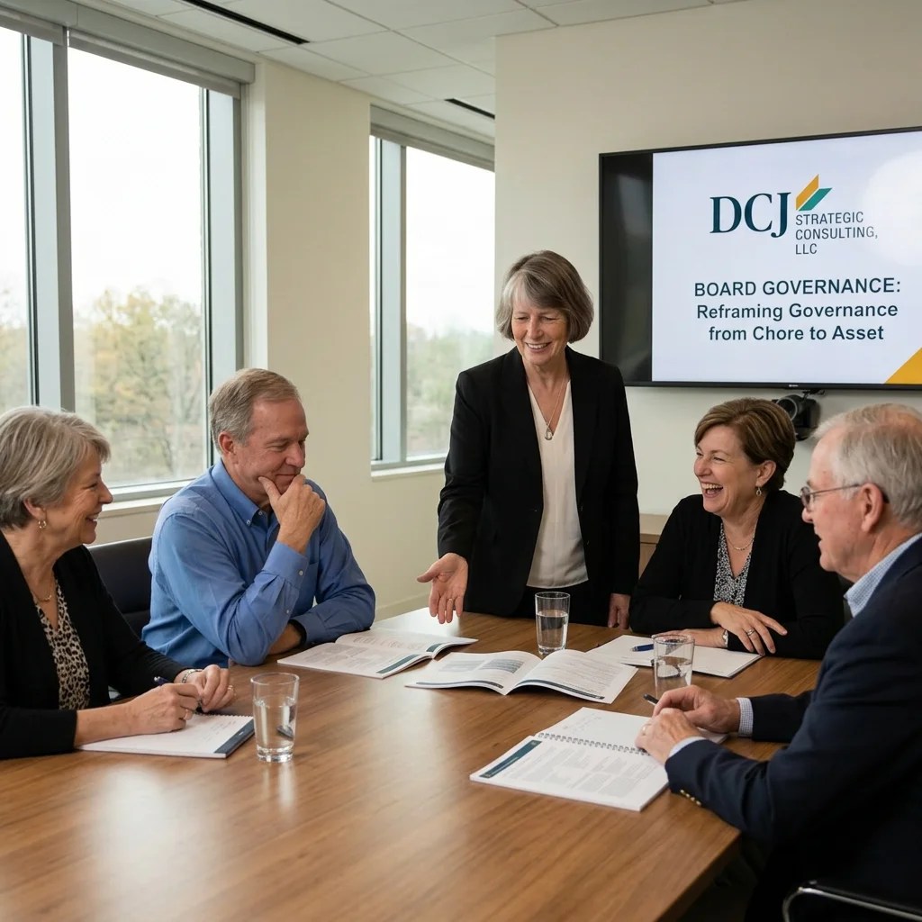 nonprofit board governance: members reviewing charts together, illustrating the 33% rule impact on board decision-making